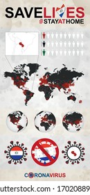 Infographic about Coronavirus in Paraguay - Stay at Home, Save Lives. Paraguay Flag and Map, World Map with COVID-19 cases. 