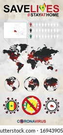 Infographic about Coronavirus in Senegal – Stay at Home, Save Lives. Senegal Flag and Map, World Map with COVID-19 cases. 