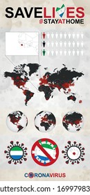 Infographic about Coronavirus in Sierra Leone – Stay at Home, Save Lives. Sierra Leone Flag and Map, World Map with COVID-19 cases. 
