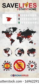 Infographic about Coronavirus in Spain – Stay at Home, Save Lives. Spain Flag and Map, World Map with COVID-19 cases. 