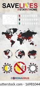Infographic about Coronavirus in Vatican City – Stay at Home, Save Lives. Vatican Flag and Map, World Map with COVID-19 cases. 