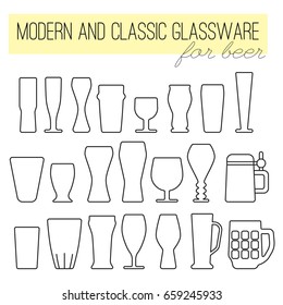 Infographic about modern and classic glassware. Beer menu set. Collection icons of beer mugs and glasses. Vector illustration