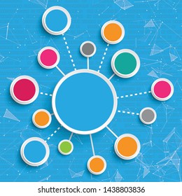 Infographic about network with connected circles and data. Eps 10 vector file.
