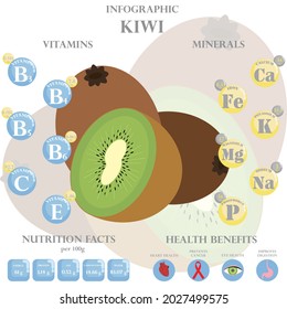 Infographic about nutrients in kiwi. Vector illustration of kiwi, vitamins, fruits, healthy food, nutrient, diet. Vitamins and minerals. Health benefits of kiwi.