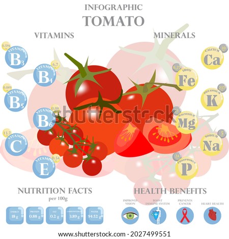 Infographic about nutrients in tomato. Vector illustration of tomato, vitamins, vegetables, healthy food, nutrient, diet. Vitamins and minerals. Health benefits of tomato.