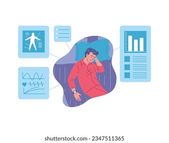 Infographic about sleep tracking flat style, vector illustration isolated on white background. Smiling sleeping man. Blue graphs and charts, sleep analysis, healthcare and technologies