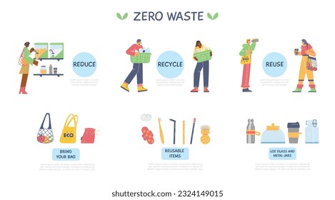 Infografik über Null-Abfall-Stil, Vektorgrafik einzeln auf weißem Hintergrund. Menschen mit umweltfreundlichem Lebensstil, Wiederverwendung, Recycling und Reduzierung, Platz für Text. Aktive glückliche Zeichen