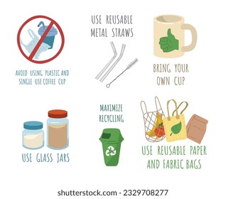 Infographic about zero waste flat style, vector illustration isolated on white background. Eco friendly lifestyle, using metal and glass items, recycling and no plastic, paper and fabric bags