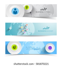 Infographic abstract business colorful horizontal banners with circles icons pins globe on white background isolated vector illustration