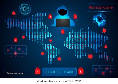 infographic abstract technology concept information of ransomware alert warning, antivirus, malware, hacker and virus crime ; design of hud interface on hi tech background