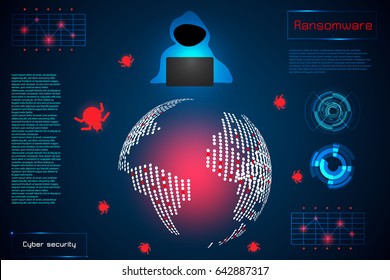 infographic abstract technology concept information of ransomware alert warning, antivirus, malware, hacker and virus crime ; design of hud interface on hi tech background