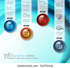 Infografische abstrakte Vorlage mit mehreren Auswahlmöglichkeiten Glastasten mit glänzendem Effekt. Ideal für Marketing- und Drucksachen, Produktklassifizierungen, Ranking, Geschäftslösungen