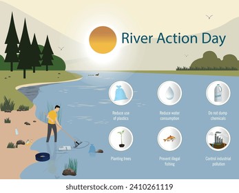 Infographic of action for rivers, young girl cleaning a river bank with bags, bottles, waste in the water and some tips to take care of our rivers.