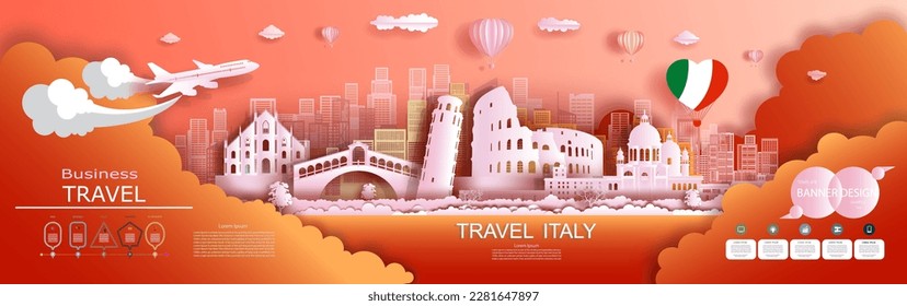 Folleto publicitario gráfico de viajes Italia con arquitectura moderna y antigua y ciudad emblemática. Diseño de banner de folletos de negocios modernos para publicidad con infografías vectoriales.