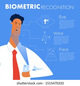 Infographic with african american men using biometric recognition on his phone. Concept of face authentication technology using. Flat vector illustration