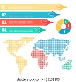 Infographic air travel elements set: human, world map, background with colorful airplanes. Vector Illustration flat design for template presentation web and printed materials