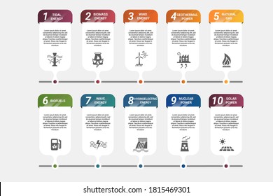 Infographic Alternative Energy template. Icons in different colors. Include Tidal Energy, Biomass Energy, Wind Energy, Geothermal Power and others.