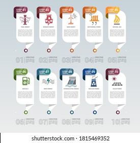 Infographic Alternative Energy template. Icons in different colors. Include Tidal Energy, Biomass Energy, Wind Energy, Geothermal Power and others.