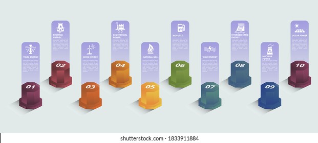 Infographic Alternative Energy template. Icons in different colors. Include Tidal Energy, Biomass Energy, Wind Energy, Geothermal Power and others.