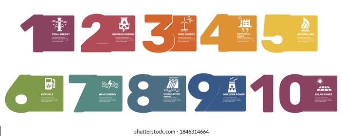 Infographic Alternative Energy template. Icons in different colors. Include Tidal Energy, Biomass Energy, Wind Energy, Geothermal Power and others.