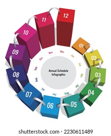 Infographic of annual schedule with circular rows of rectangles Vector illustration