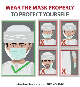 Infographic of an Arab man wearing the mask correctly and the wrong ways of wearing it.