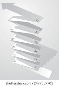 Infografía de una flecha doblándose y extendiéndose hacia arriba en 12 pasos Ilustración vectorial monótona