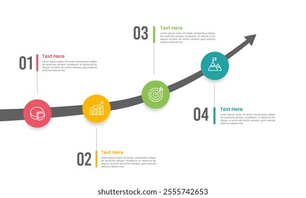 Infographic arrow with circle dots 4 steps to business goals. Presentation, Banner, Poster, Brochure, and Information. Vector illustration.