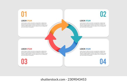 Ciclo de flecha infográfica con cuatro pasos u opciones. Proceso, Estrategia, Planificación, Gráfico. Ilustración vectorial.