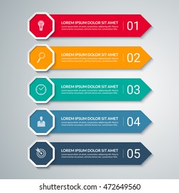 Elementos de diseño de flecha infográfica. Plantilla de negocio con 5 opciones, pasos, piezas. Se puede utilizar para diagrama, gráfico, gráfico, informe, visualización de datos, diseño web. Banner vectorial colorido