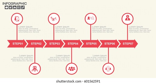 Infographic arrow design template 7 steps with place for your data. Vector illustration.