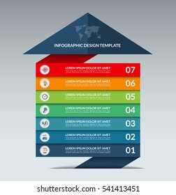 Infographic Arrow Design Template. Business Growth Concept Banner With 7 Options, Parts, Stages. Can Be Used For Web, Diagram, Graph, Chart, Report, Step By Step Infographics. Vector Background