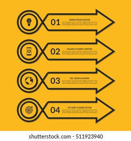Infographic arrow design template on trendy yellow background. Vector banner with 4 options, steps, parts. Can be used for diagram, graph, chart, report, plan strategy, data visualization, web design