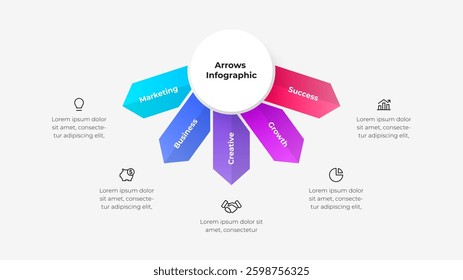Infographic with arrow designs representing ideas like business, marketing, success, growth, and strategy. Perfect for presentations, templates, and data visualization in corporate contexts