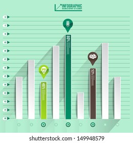 infographic arrow diagram graph chart on the green pastel blackground with flat design and long shadow. can be use element for layout design , website printing , annual report