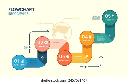 Infographic arrow flow chart diagram template for business. 5 options, digital marketing data, presentation vector infograp.