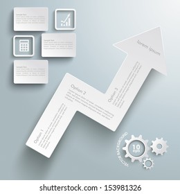Infographic with arrow and gears on the grey background. Eps 10 vector file.