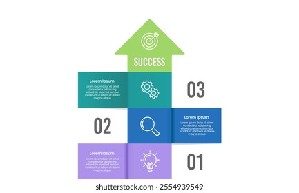 Infographic arrow pointing up contains 3 steps to success. Presentation, Plan and Strategy. Vector illustration.