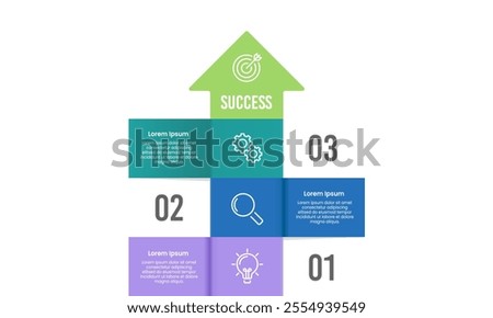 Infographic arrow pointing up contains 3 steps to success. Presentation, Plan and Strategy. Vector illustration.