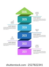 Der Infografik-Pfeil nach oben zeigt 5 Schritte bis zum Ziel. Geschäftspräsentation, Banner, Poster, Plan und Strategie. Vektorgrafik.