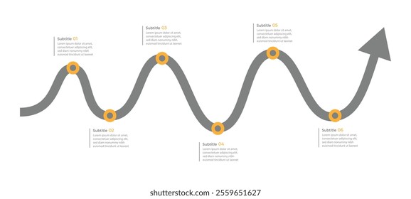 Infographic arrow roadmap design template. Business Timeline of 6 Important Business Events annual business presentation. Vector illustration