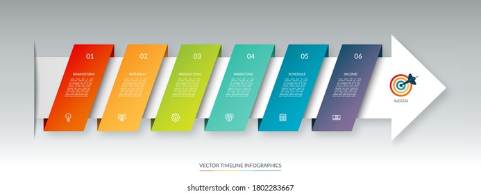 Infographic Arrow Timeline Template With 6 Steps. Can Be Used For Web Design, Diagram, Chart, Graph, Business Presentation.