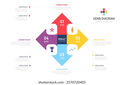 Infographic arrow Venn diagram chart template for business start up presentation with venn diagram elements vector illustration.