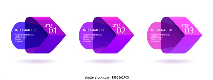Infographic arrows with 3 step up options and glass elements. Vector template in cold purple and plue gradient design style
