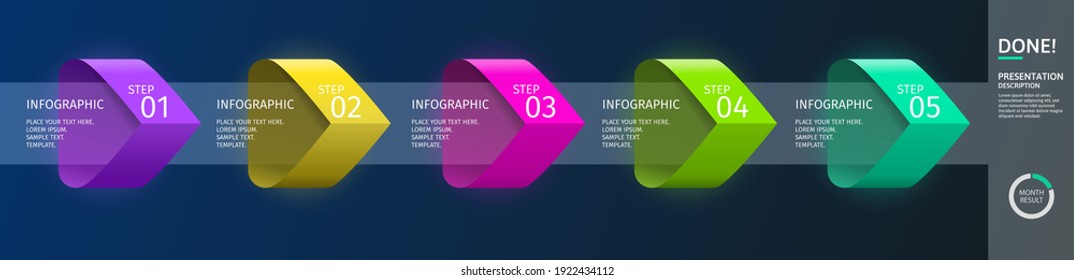Infographic arrows with 5 step up options and glass elements. Vector template in flat design style