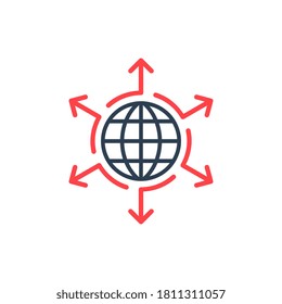 Infographic arrows around globe. Grow expand spread your company idea influence concept elements icon logo. Arrows in different direction. Stock vector illustration isolated on white background.