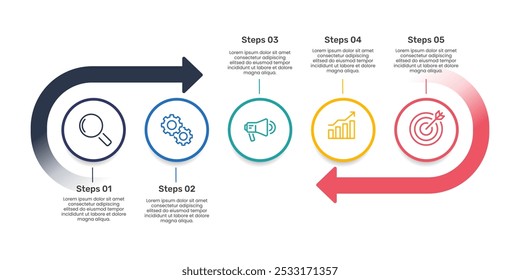 Flechas de infografía con círculo 5 ciclos para el éxito empresarial. Presentación de negocios, Plan, Estrategia y Marketing. Ilustración vectorial.