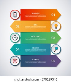 Flechas infográficas con elementos de diseño circular. plantilla de diseño de 5 pasos. Se puede usar para gráficos, gráficos, tablas, opciones de número, diseño web. Fondo del vector