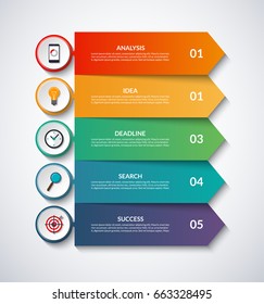 Infographic arrows with circular design elements. Vector layout template of 5 steps, options. Can be used for graph, chart, diagram, step by step infographics, web design.