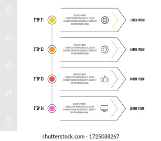 Infographic arrows with four steps, icons. Line vector template. Can be used for diagram, business, web, banner, workflow layout, presentations, flow chart, info graph, timeline, content, levels.